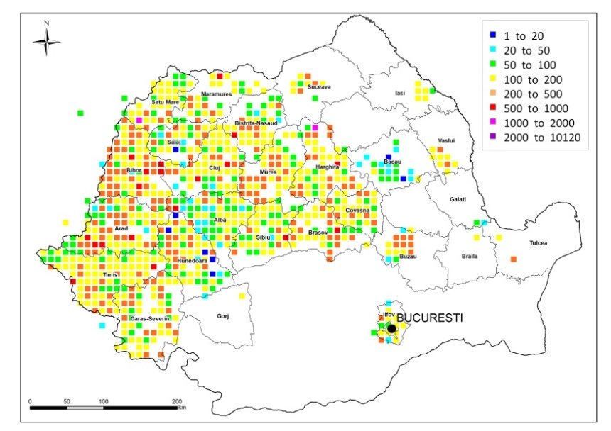 Harta potențialului de radon în România